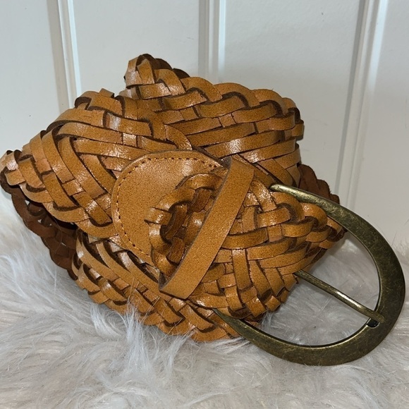 Wide tan leather braided belt boho hippie western size Medium main image 8